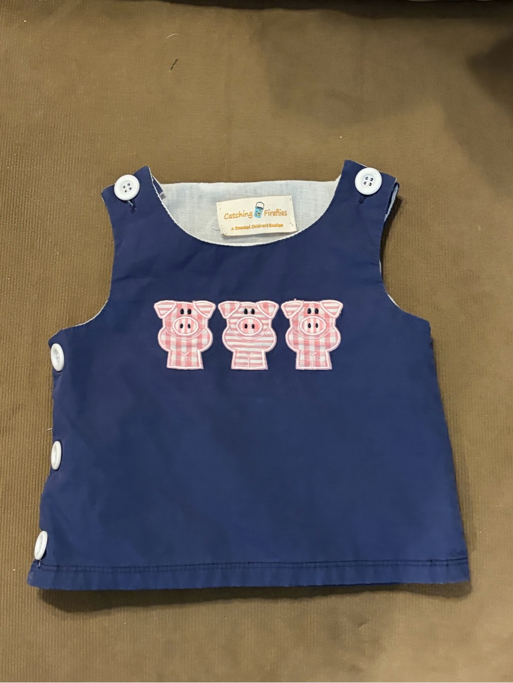 Catching Fireflies Cute Girl's Blue Diaper Shirt w/Three Pink Gingham Pigs 3-6M